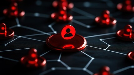 Interconnected network nodes red metallic person icons on dark background