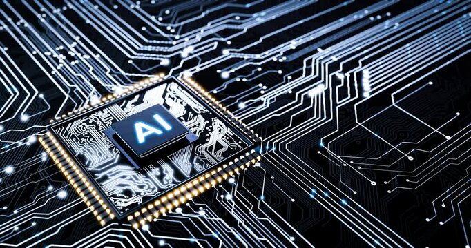 Futuristic artificial intelligence chip embedded on high-speed electronic board, visualizing data processing, neural computing, and next-generation AI hardware for tech innovation, 3D Rendering
