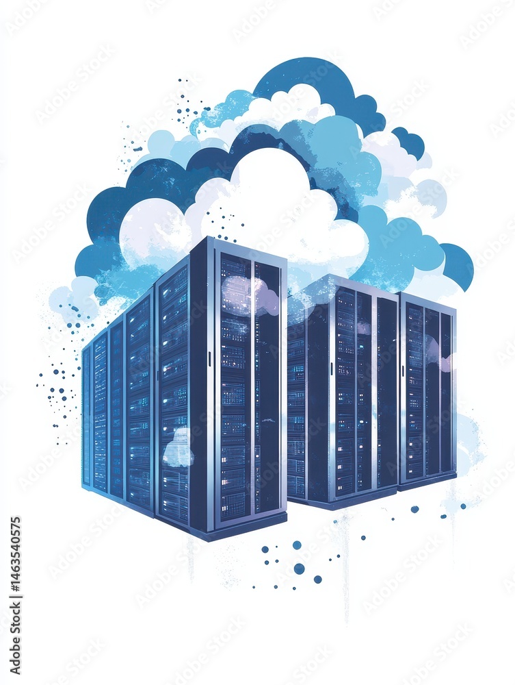 Poster Data center servers with cloud computing concept graphic illustration on white background for technology and business solutions