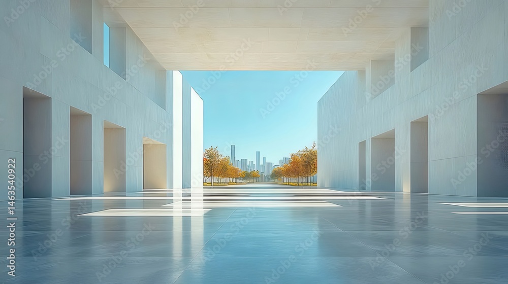Aufkleber ミニマリスト建築 都市の眺めと幾何学的なコンクリート構造と秋の木々が青い空の下にある背景に映る 現代的な都市デザイン