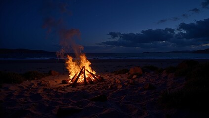 Naklejka premium AI-generated cozy campfire on a beach at dusk with a serene ocean backdrop and cloudy sky.
