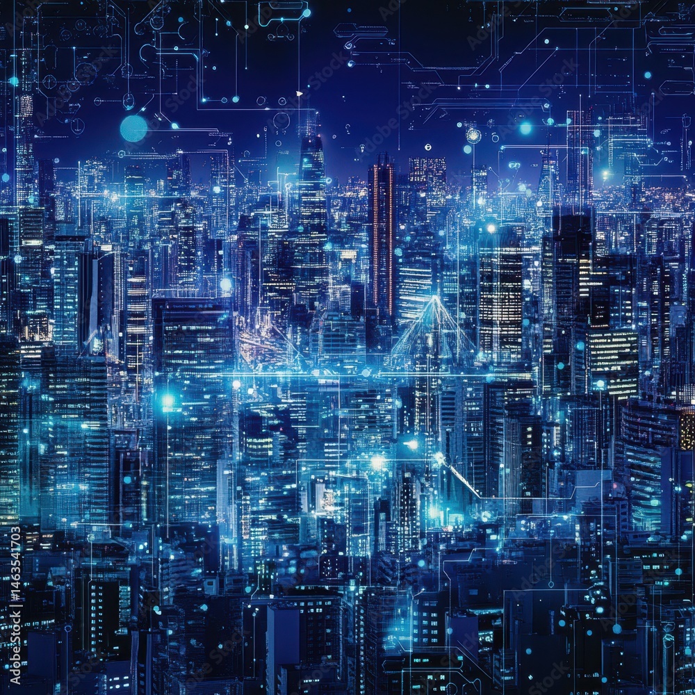 Aufkleber Futuristic cityscape at night with digital overlay showing data flow and connectivity in urban environment