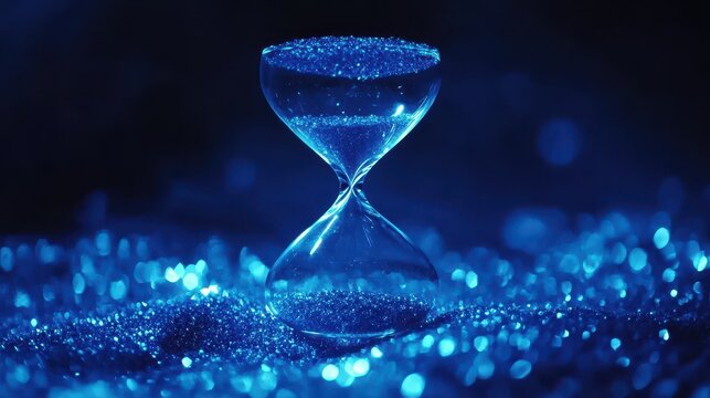 Hourglass with blue glitter sand falling concept time passing in abstract studio shot close up