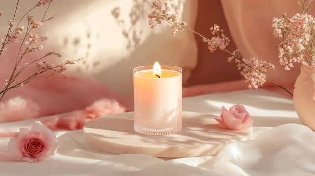 A candle is lit on a table with flowers in the background. The candle is white and the flowers are pink