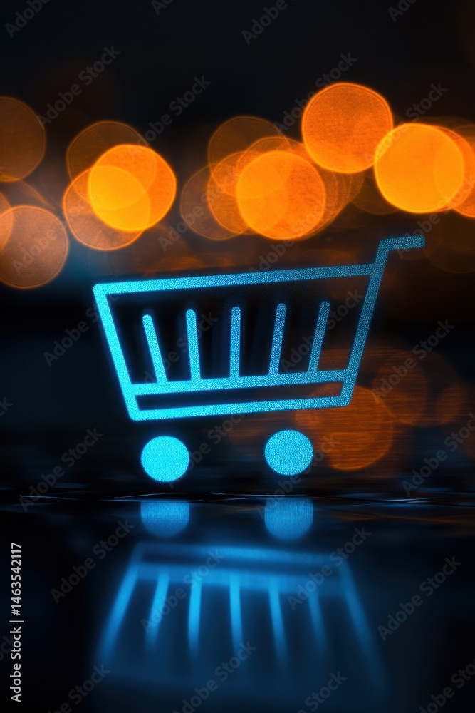 Poster glowing shopping cart icon on dark reflective surface with bokeh lights abstract online retail conce