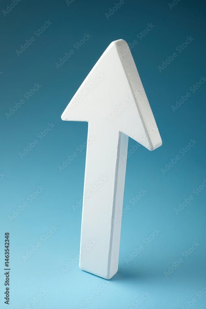 Poster white arrow pointing upward on blue background studio shot direction sign symbol guidance success co