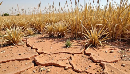 AI-generated cracked dry soil with sparse vegetation in a drought-affected field under a clear sky.