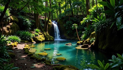 AI-generated waterfall cascades into a turquoise pool surrounded by lush greenery and rocks