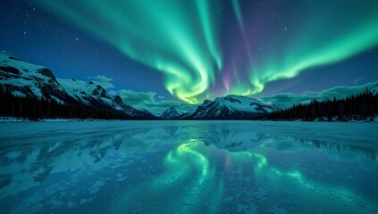 AI-generated stunning aurora borealis over icy lake and mountains in a clear night sky