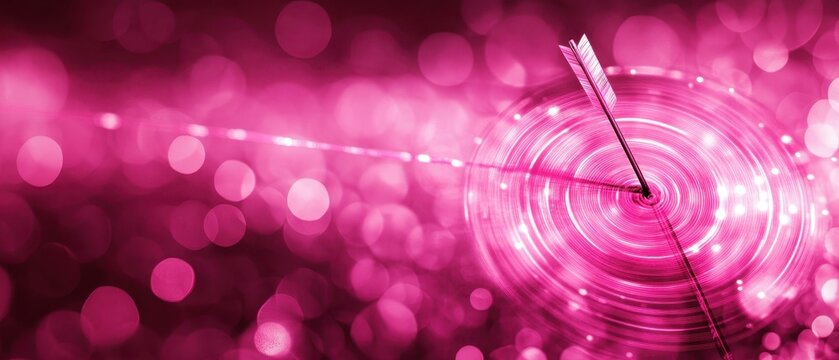 Arrow hits target in pink abstract bokeh background business goal achievement concept success strategy focus precision marketing