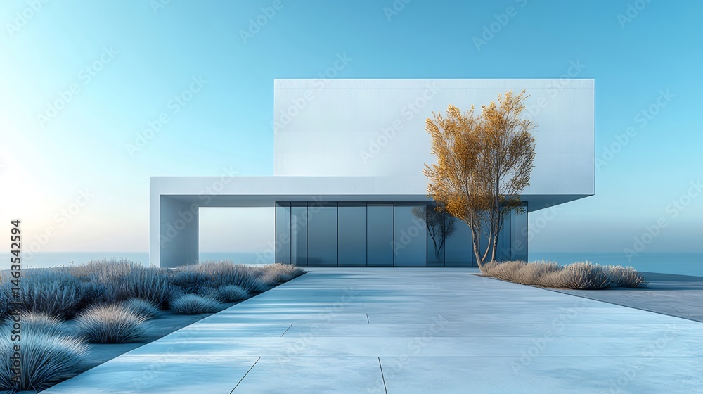 Poster 海岸沿いのモダンな白いミニマリスト住宅の建物の外観 デザインの青空と緑の植物の背景