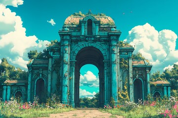 Fototapeta premium Enigmatic Turquoise Archway: A Forgotten Gateway to Tranquility