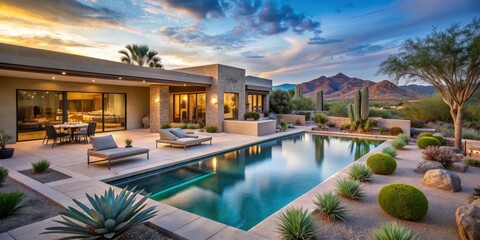 Fototapeta premium Private villa with serene desert landscape, outdoor pool and expansive patio surrounded by cacti and palm trees, luxurious scottsdale residence, patio