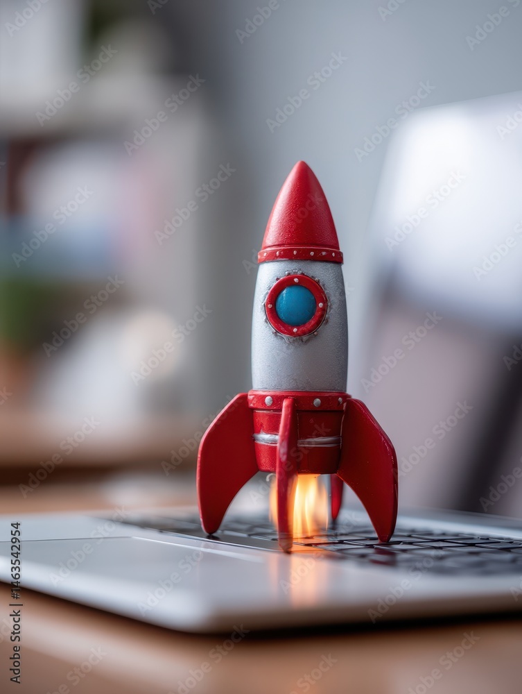 Poster toy rocket launching from laptop keyboard close up studio shot symbolizing business startup and inno