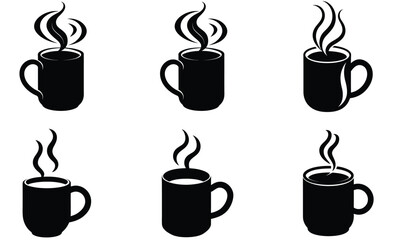 Smoky Coffee Mug Vector Silhouette Set – Hot Beverage Mug with Rising Steam Clipart for Café, Morning Drink, and Cozy Lifestyle Illustrations