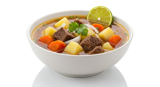 A bowl of caldo de res (Mexican beef soup) with vegetables on white background