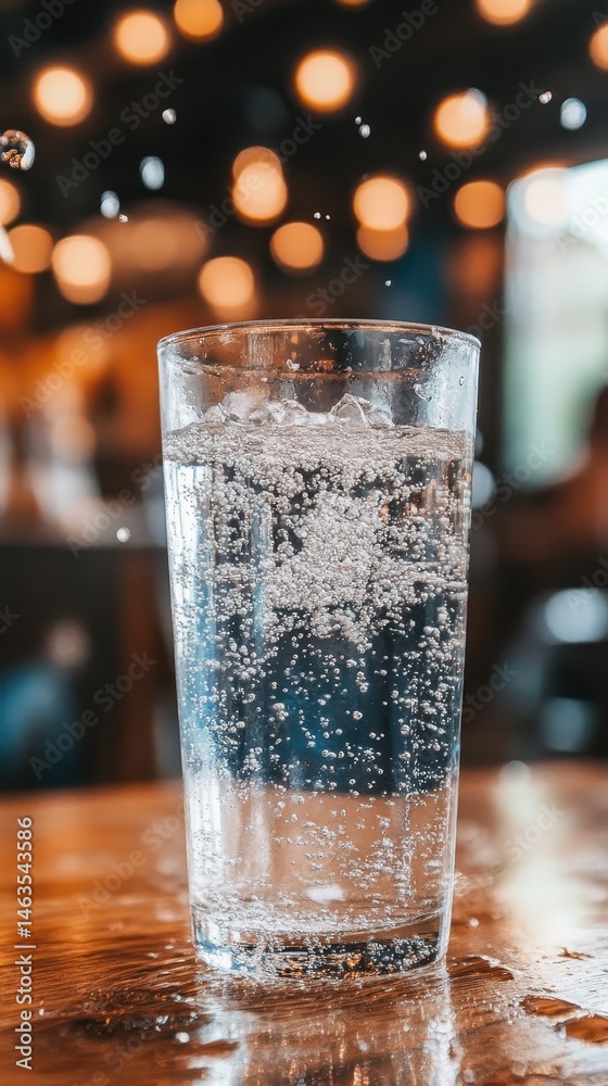 Poster Refreshing glass of sparkling water with bubbles on a table in a restaurant setting close up view
