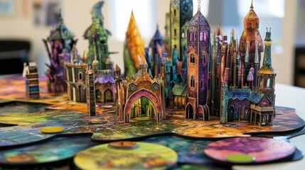 Fototapeta premium Colorful 3D paper cityscape model showcasing vibrant architecture and intricate designs on a table