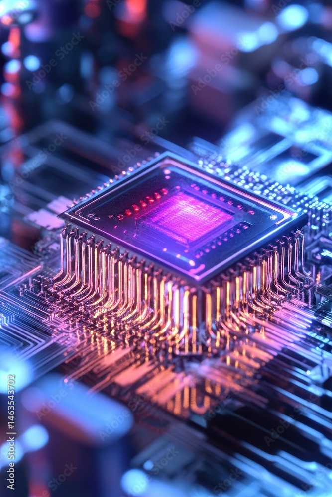Poster Close up of advanced computer processor chip on circuit board with glowing neon lights in futuristic style
