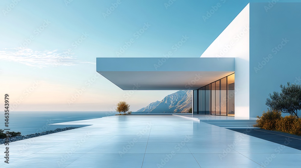Poster 海を見下ろすテラス付きの白を基調とした現代的なミニマリスト建築デザインの家 屋外の風景と穏やかな海の眺め