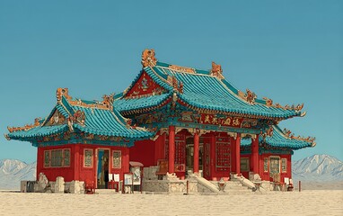 Serene Asian Temple in a Desert Landscape: A Vivid Illustration