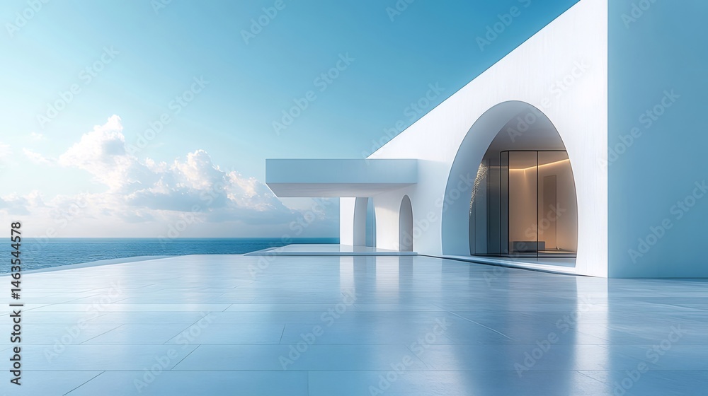 Poster 青い空と海を望む白いミニマリスト建築 デザインが施されたアーチ型の入り口とコンクリートのテラスを備えた現代的な建物