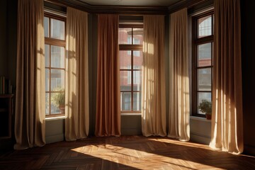 Obraz premium Sunlit, classic room with large windows and drapes. Warm wood floors, soft light streams in
