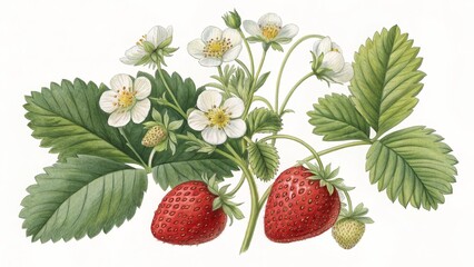 Botanical Watercolor Painting Strawberry Plant with Blossoms and Berries, Watercolor Illustration, Fruit, Flower, Plant Strawberry, Botanical Illustration