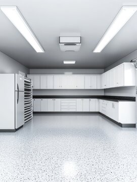 Clean modern garage interior with white cabinets and epoxy floor; wide angle shot of organized storage space