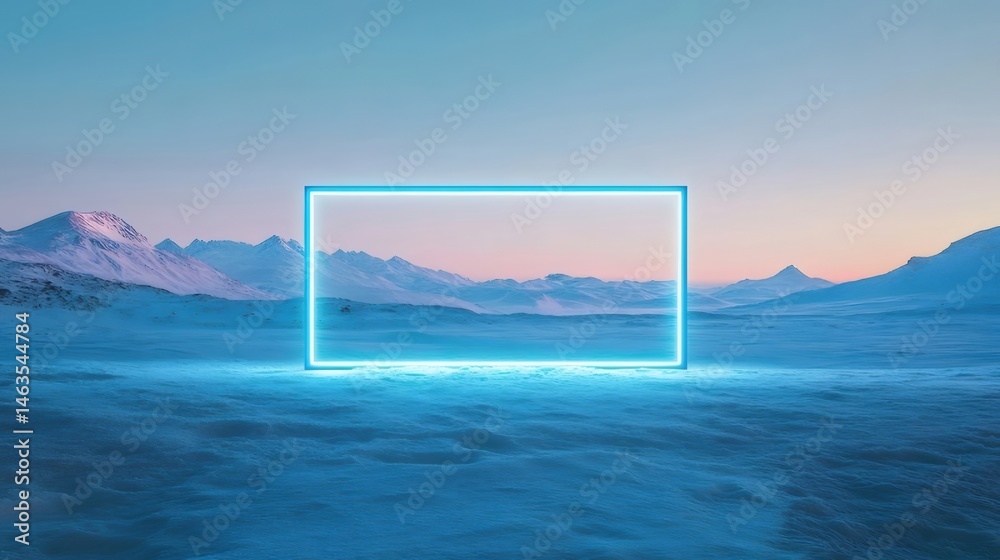 Aufkleber 雪原に浮かぶネオンブルーの長方形フレームと山々の遠景 冬の寒さと幻想的な雰囲気が調和した抽象的な風景アート