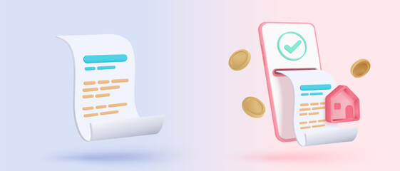 3D bill icon for payment transaction with notice. paper receipt real estate for personal loan. mortgage housing to money, rental property of financial. 3d residence icon vector render illustration