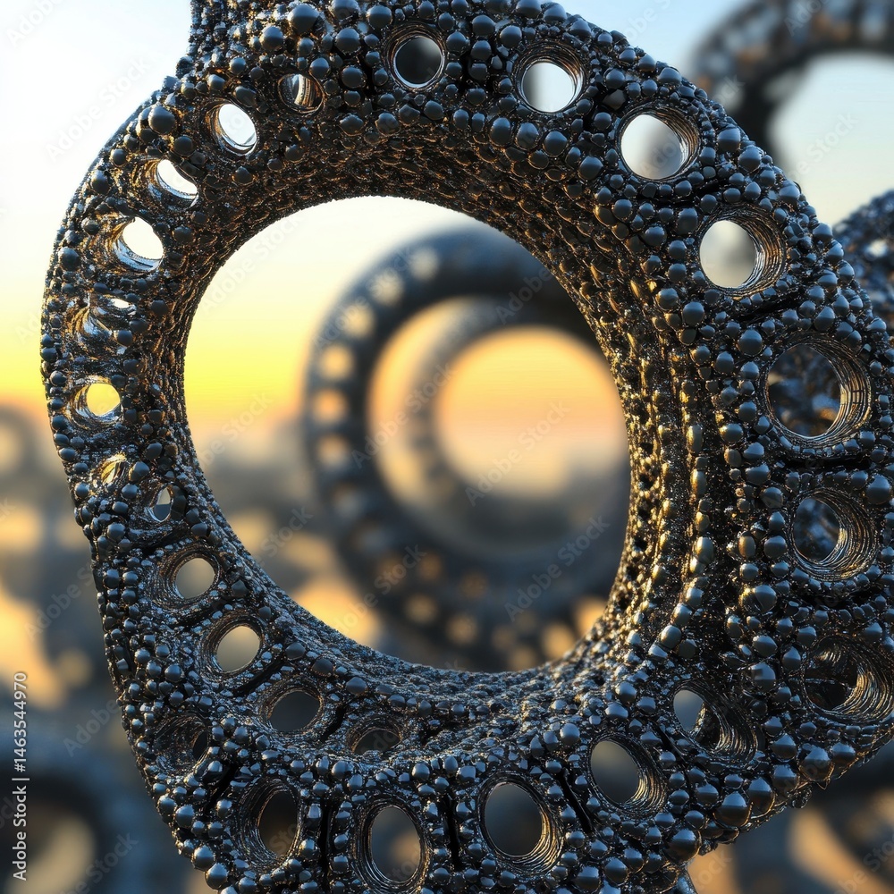Poster abstract fractal structure rings with holes close up digital art against sunset sky background geome