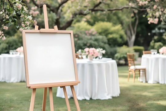 Outdoor Wedding Reception: Blank Canvas Easel, White Tablecloths, Floral Centerpieces, Garden Setting, Elegant Event Decor