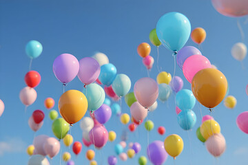 Many colorful balloons floating in a vibrant sky.