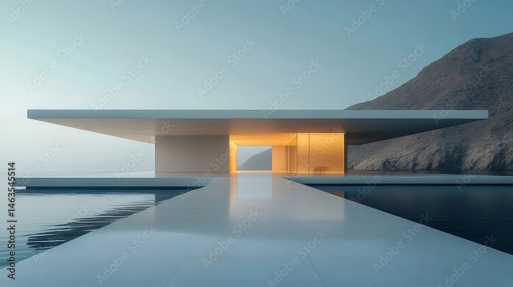 Poster 海辺のモダンなミニマリスト建築 白い壁とテラスのある幾何学的な家 山を背景にした静かな海の眺め
