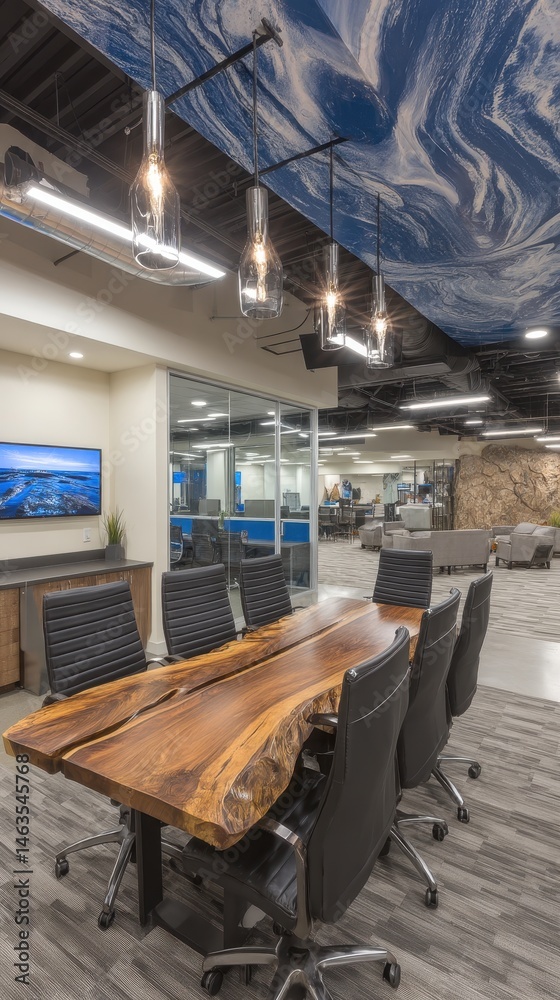 Poster modern conference room with live edge table and custom ceiling art in contemporary office space