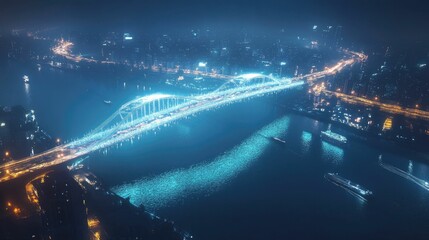 Night city, illuminated bridge, river traffic, vibrant lights.