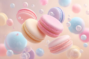 Obraz premium Colorful macarons in pastel shades, floating amidst bubbles.