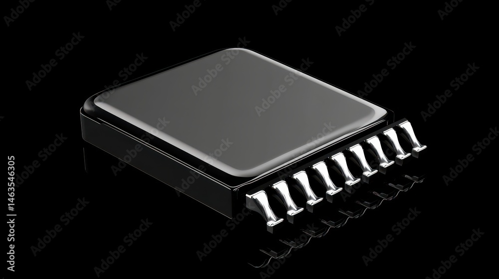 Leinwandbilder Close-up of Microchip Component on Black Background Showing Pins and Reflection in Studio Shot for Technology Concept
