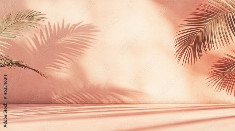 Poster tropical palm leaf shadows on peach wall and floor studio shot minimalist style backdrop for product