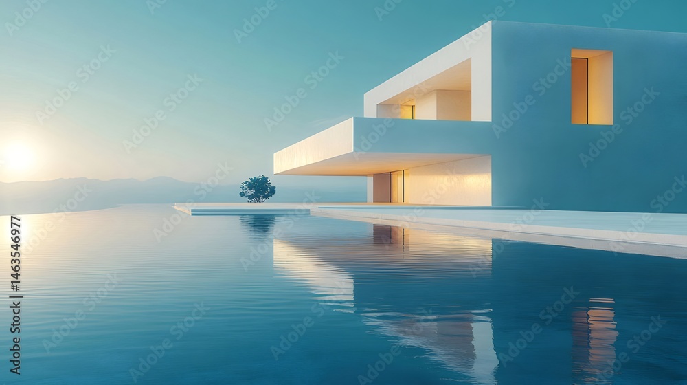 Poster ミニマリストの白い家とプールのある青い夏の海の海岸線 バケーションハウスの豪華な現代建築デザインの水平方向の景色