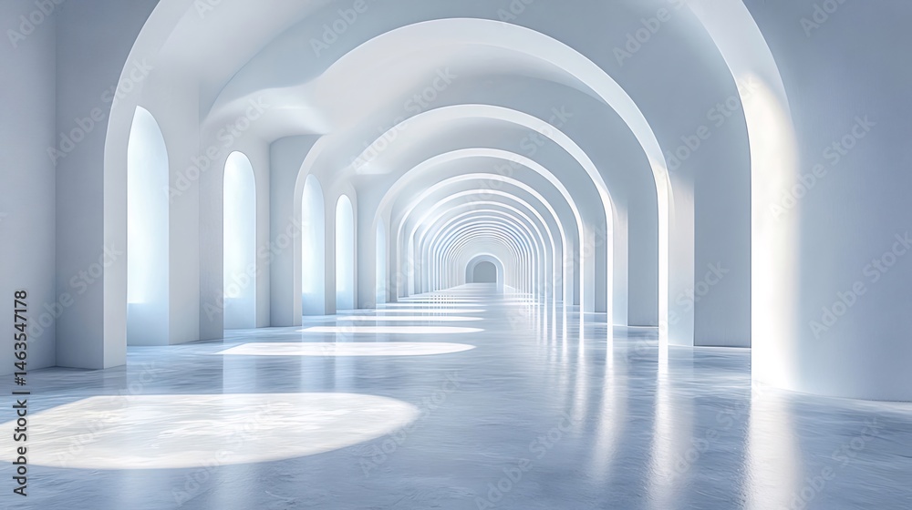 Aufkleber 白いアーチ形の廊下のインテリアデザインのミニマリストの建築構造は, 床に反射と幾何学的な光で未来的な空間と静けさを備えています