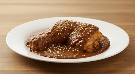 Mole poblano chicken leg with sesame seeds on a white dish
