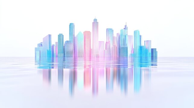 Abstract cityscape skyline illustration in pastel colors with water reflection and futuristic concept