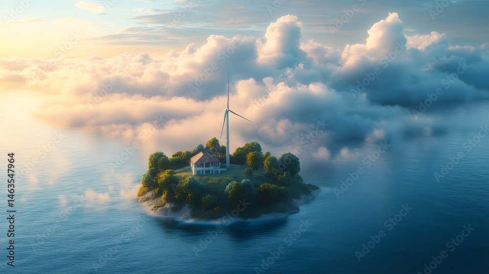 Poster 雲海の上の孤立した島の穏やかな眺め 青い海と緑の木々 夕焼けの空と静かな雰囲気