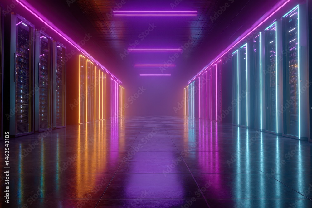 Poster Data Center Servers in Neon Lit Hallway Perspective View of Network and Technology Infrastructure