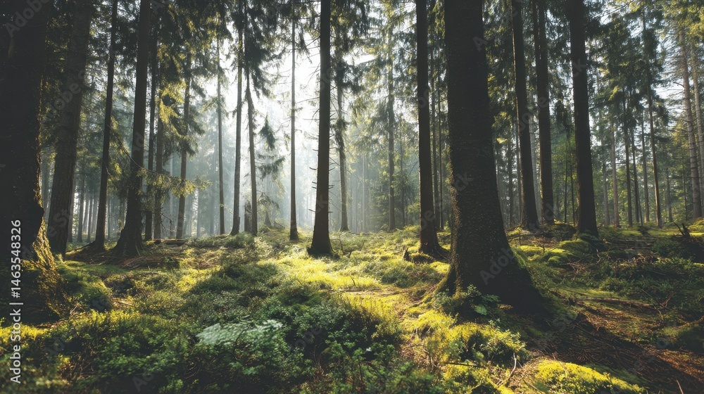 Poster sunlight filtering through towering trees in a lush green forest scenic view eye level perspective