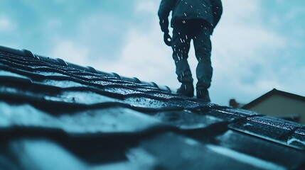 Person Walking on Wet Roof Tiles