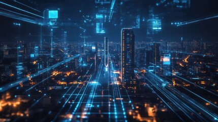 Futuristic city skyline illuminated by digital data streams