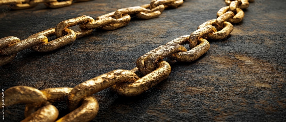Fototapete golden chain links on dark textured surface close up perspective showing strength and connection con